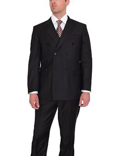 Pre-owned Private Label Classic Fit Double Breasted Solid Black Wool Suit