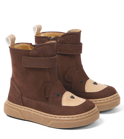 Shop Monnalisa Teddy Bear Nubuck Leather Boots In Brown