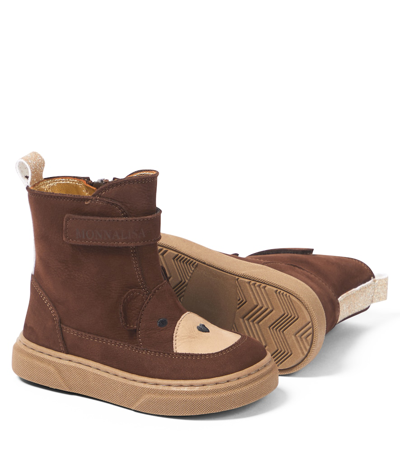 Shop Monnalisa Teddy Bear Nubuck Leather Boots In Brown