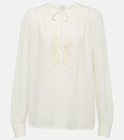 Etro Leaf-embroidered Silk Blouse In White