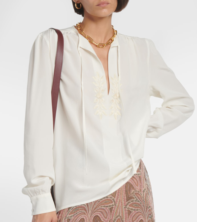 Etro Leaf-embroidered Silk Blouse In White