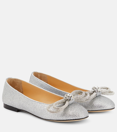 Shop Mach & Mach Double Bow Embellished Ballet Flats In Silver