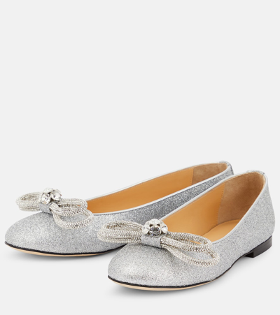 Shop Mach & Mach Double Bow Embellished Ballet Flats In Silver