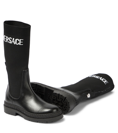 Versace Logo-jacquard Leather Ankle Boots In Black