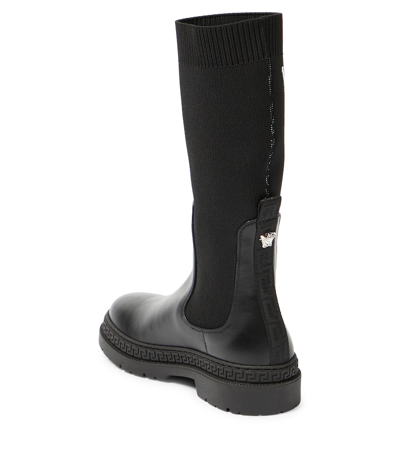 Versace Logo-jacquard Leather Ankle Boots In Black