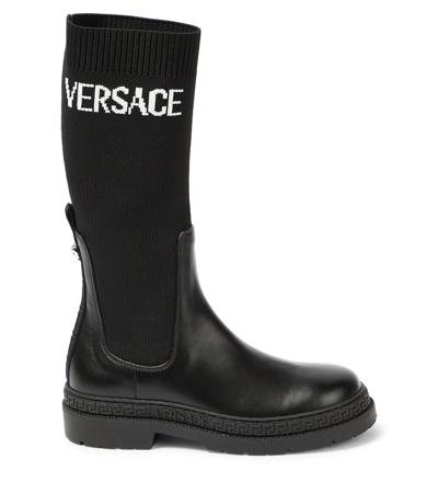 Versace Logo-jacquard Leather Ankle Boots In Black
