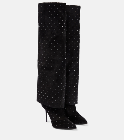 Shop Balmain Ariel Embellished Knee-high Suede Boots In Black