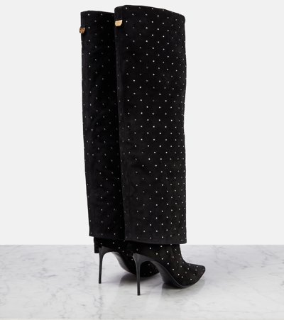 Balmain Suede Ariel Boots With Rhinestoned Detail In Black