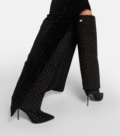 Balmain Suede Ariel Boots With Rhinestoned Detail In Black