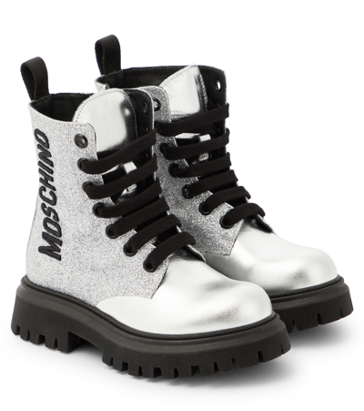 Shop Moschino Logo Glitter Leather Boots In Silver