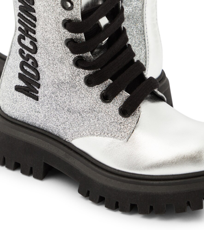 Shop Moschino Logo Glitter Leather Boots In Silver