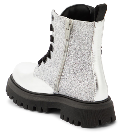 Shop Moschino Logo Glitter Leather Boots In Silver