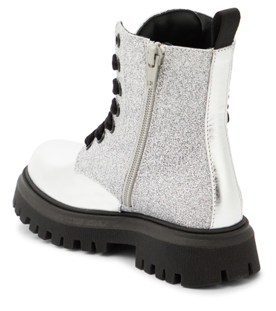 Moschino Kids Glitter Lace-up Boots In Silver