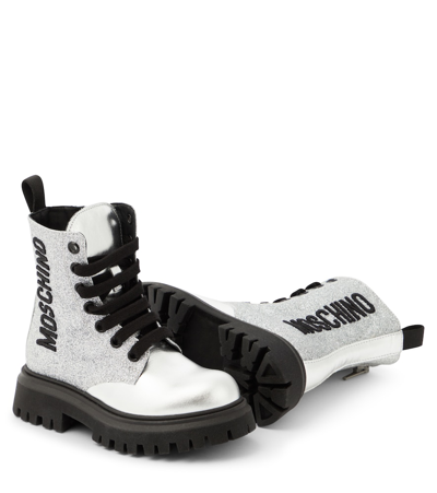 Moschino Kids Glitter Lace-up Boots In Silver