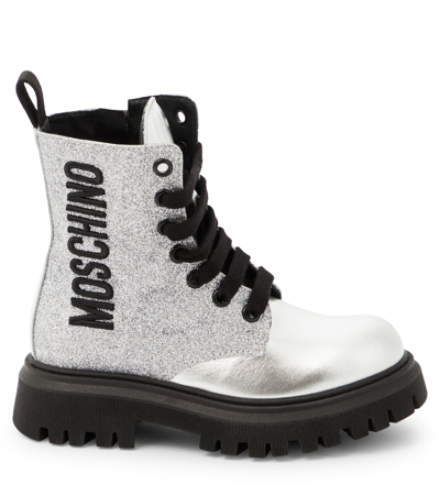 Shop Moschino Logo Glitter Leather Boots In Silver