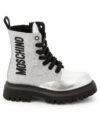 Moschino Kids Glitter Lace-up Boots In Silver