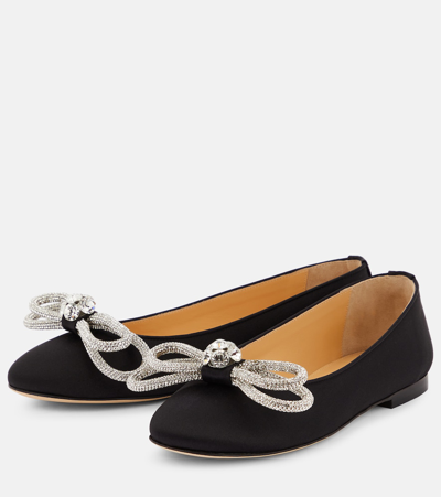 Shop Mach & Mach Double Bow Satin Ballet Flats In Black