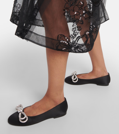 Mach&mach Double Bow Crystal-embellished Satin Point-toe Flats In Black