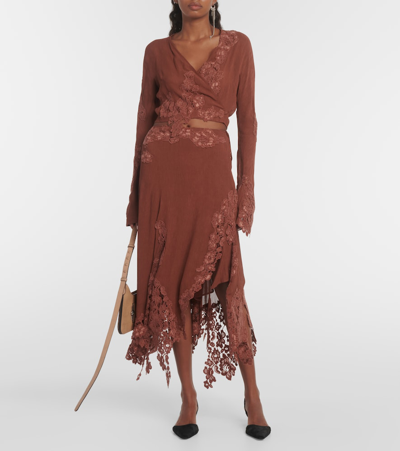 Shop Acne Studios Lace-trimmed Crêpe Midi Skirt In Brown