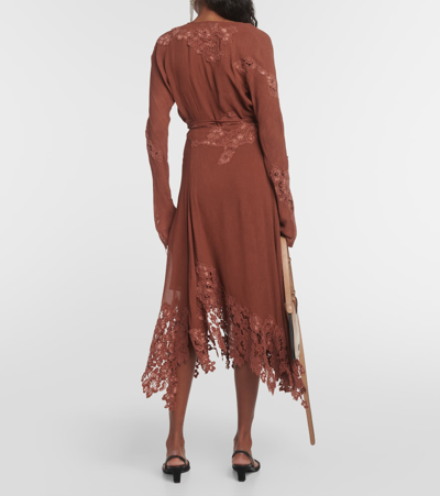 Shop Acne Studios Lace-trimmed Crêpe Midi Skirt In Brown