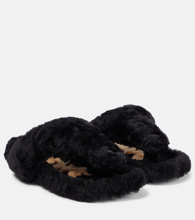 Shop Loewe Ease Shearling Thong Sandals In Black