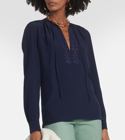 Shop Etro Embroidered Silk Blouse In Blue