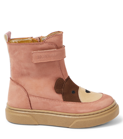 Monnalisa Teddy Bear Nubuck Leather Boots In Pink