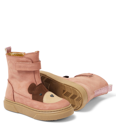 Monnalisa Teddy Bear Nubuck Leather Boots In Pink