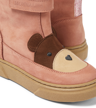 Monnalisa Teddy Bear Nubuck Leather Boots In Pink