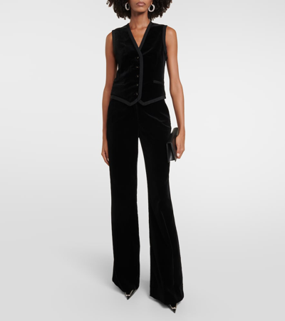 Costarellos Cotton Velvet Mid Rise Straight Pants In Black