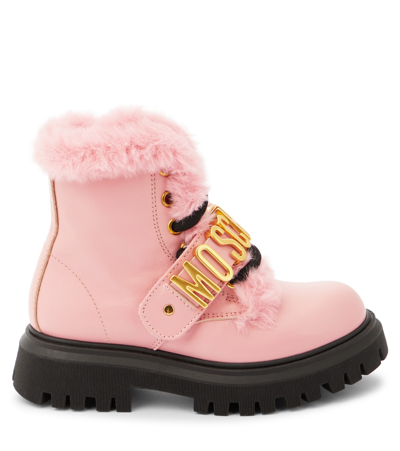 Shop Moschino Logo Leather Boots In Pink