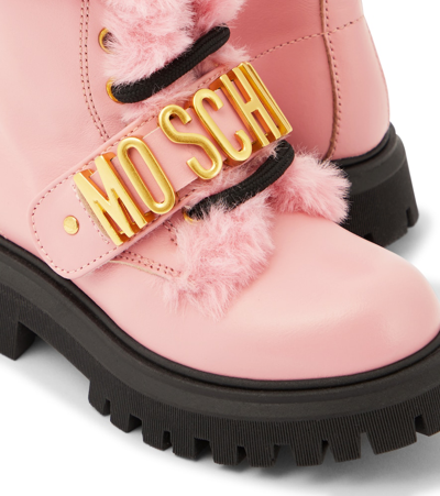 Shop Moschino Logo Leather Boots In Pink