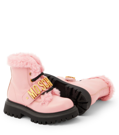 Shop Moschino Logo Leather Boots In Pink