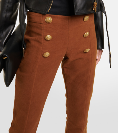 Shop Balmain Low-rise Flared Cotton Pants In Brown