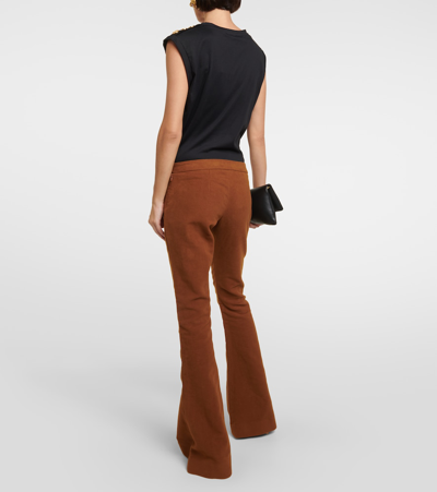 Shop Balmain Low-rise Flared Cotton Pants In Brown