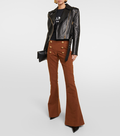 Shop Balmain Low-rise Flared Cotton Pants In Brown