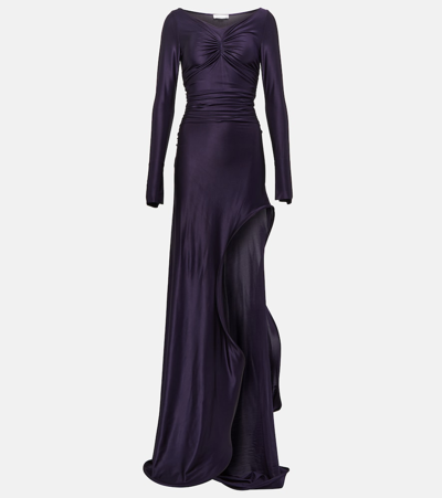 Shop Victoria Beckham Ruched Off-shoulder Jersey Gown In Purple