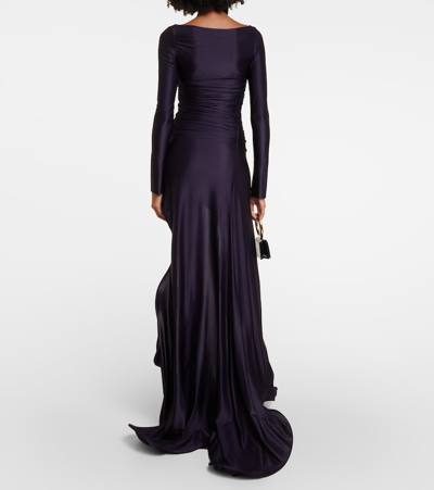 Shop Victoria Beckham Ruched Off-shoulder Jersey Gown In Purple