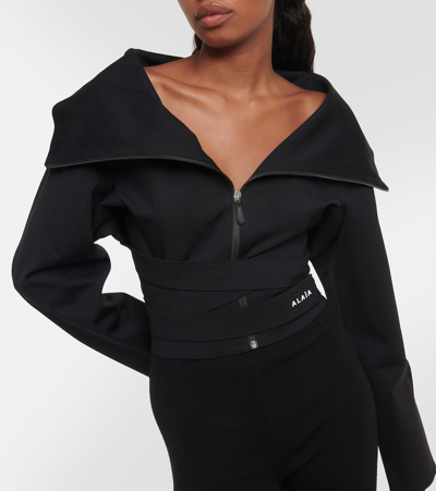 Alaïa Cropped Wraparound Cotton Hoodie In Black