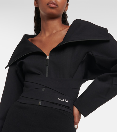 Alaïa Cropped Wraparound Cotton Hoodie In Black