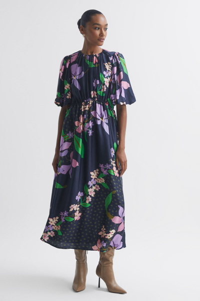 Shop Florere Floral Puff Sleeve Midi Dress In Navy