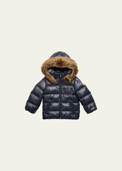 Shop Moncler Kid's Quilted Puffer Faux Fur Jacket In Navy