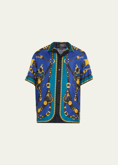 Shop Versace Men's Medusa Harness Silk Camp Shirt In Blue Navyblack