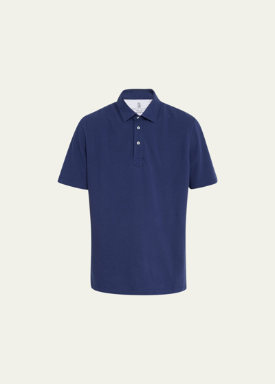 Shop Brunello Cucinelli Men's Cotton Pique Polo Shirt In C9695 Blue
