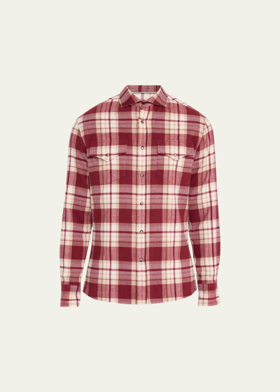 Shop Brunello Cucinelli Men's Western Flannel Madras Sport Shirt In C240 Red Brown