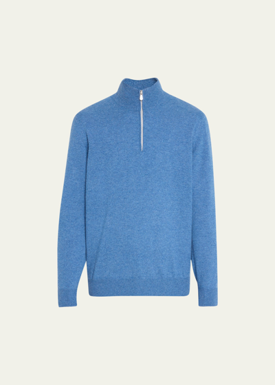 Shop Brunello Cucinelli Men's Cashmere Quarter-zip Sweater In Blue