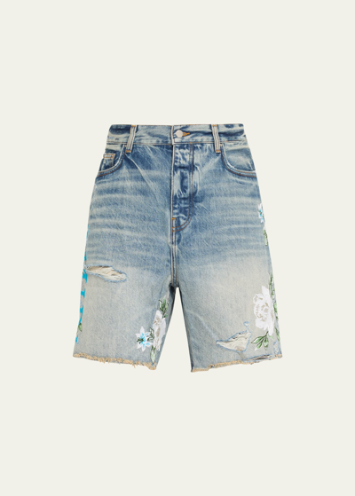 Shop Amiri Men's Faded Embroidered Floral Denim Shorts In Vintage In