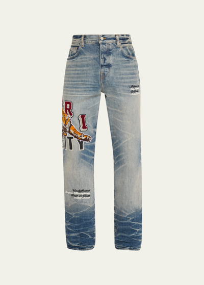 Shop Amiri Men's Faded Varsity Tiger Straight-leg Jeans In Vintage In