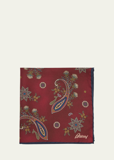 Shop Brioni Men's Paisley-print Silk Pocket Square In Redbrown