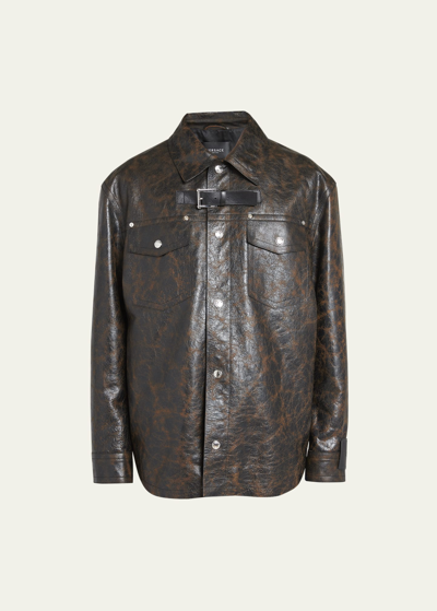 Shop Versace Men's Crackled Leather Caban Coat In Caramel